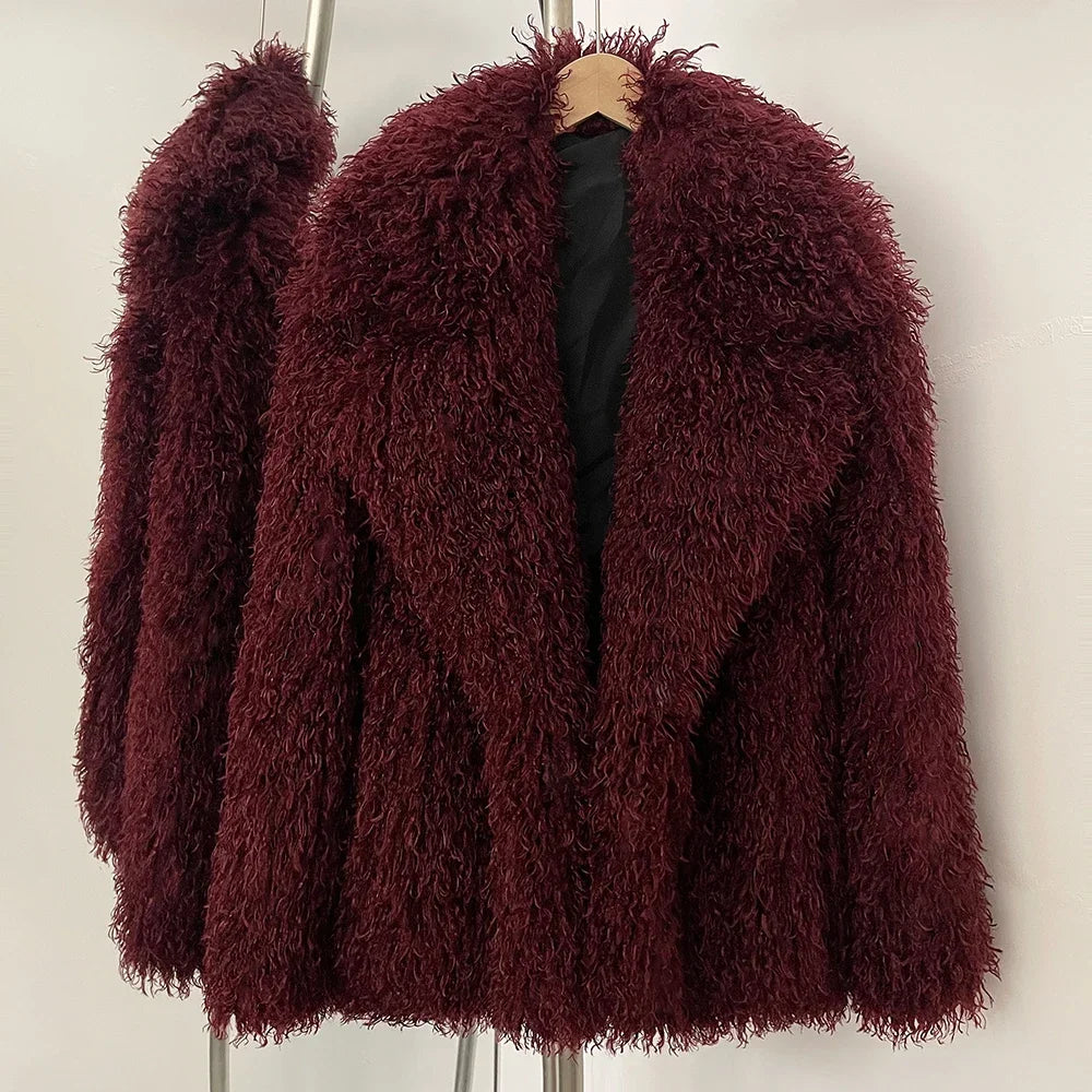 Faux Fur Jacket Women Fur Coat Warm Eco-friendly New in Winter Long Sleeve Female Office Lady Chic Faux Fluffy Fur Outerwear Wine red