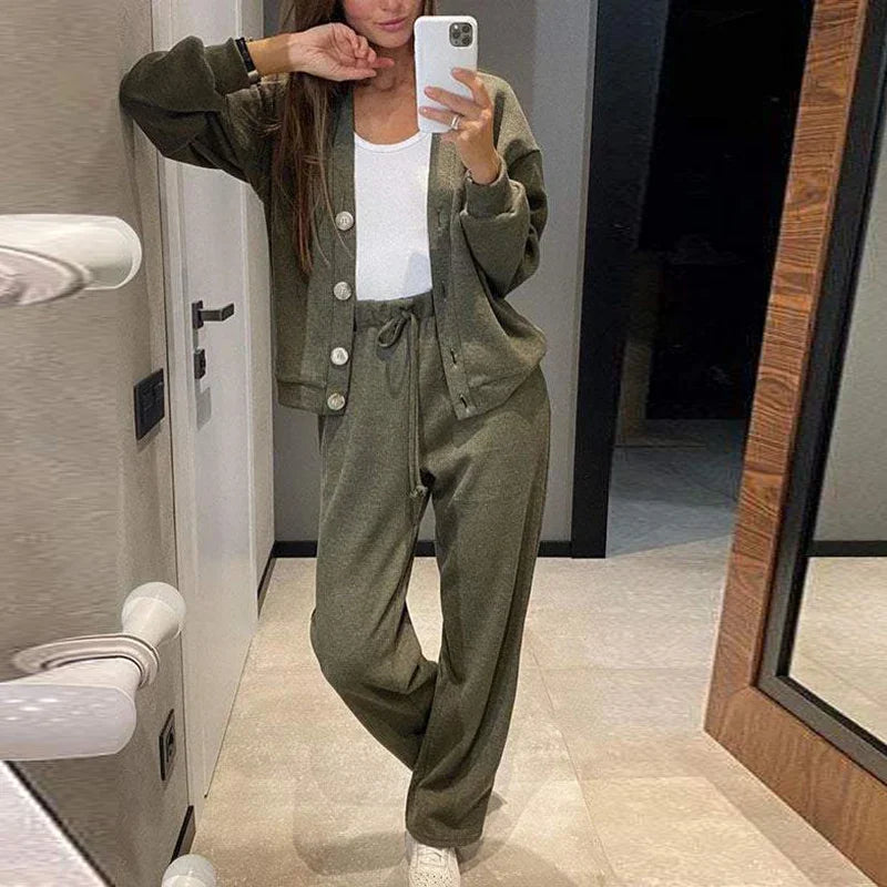 Autumn Winter Women Two Piece Set Button Cardigan Coat Drawstring Plus Size Pants Suit Female Casual Daily Wear
