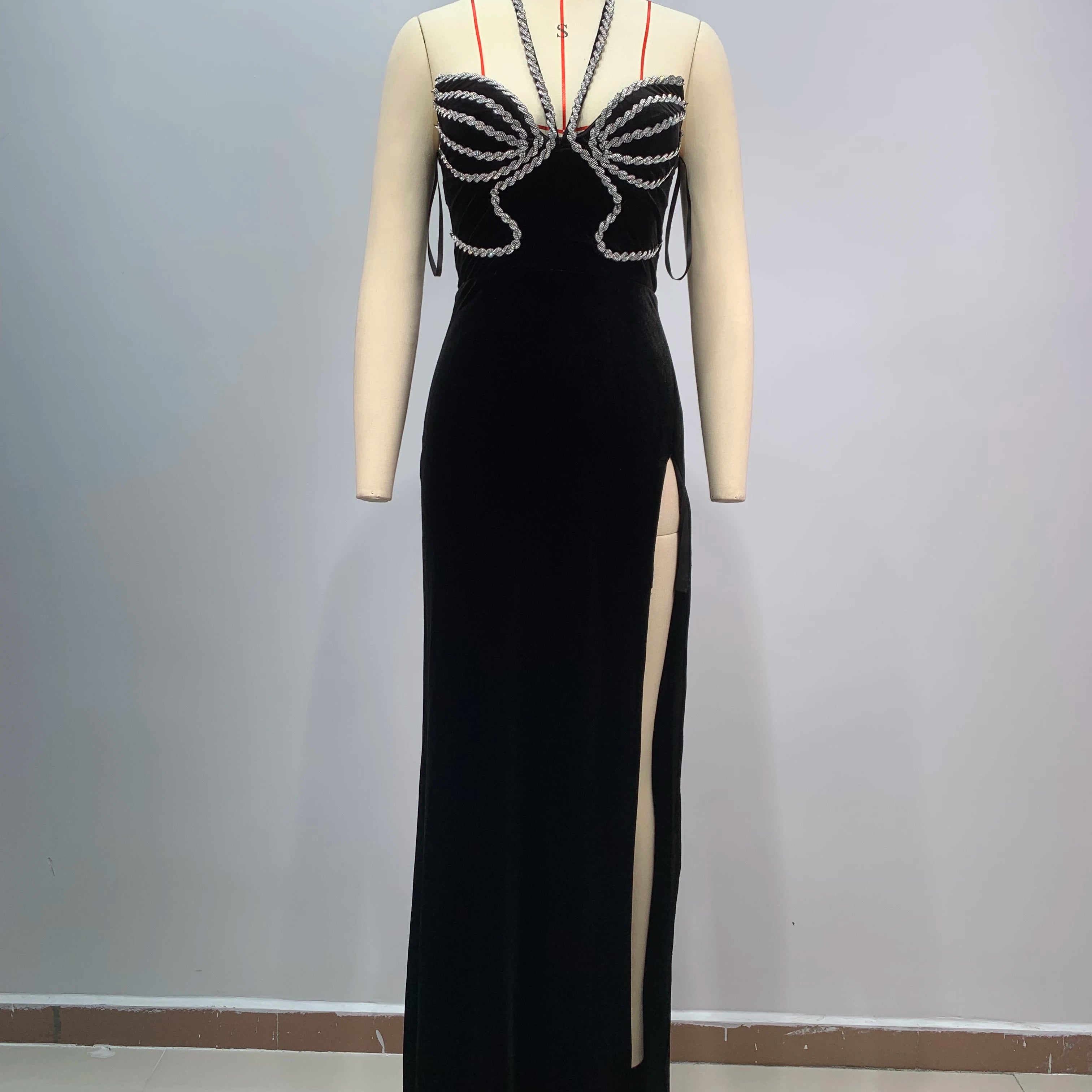 Top Women Sexy Halter Off the Shoulder Shinning Crystal Velvet Bodycon Long Dress High Split Fashion Evening Party Dress black