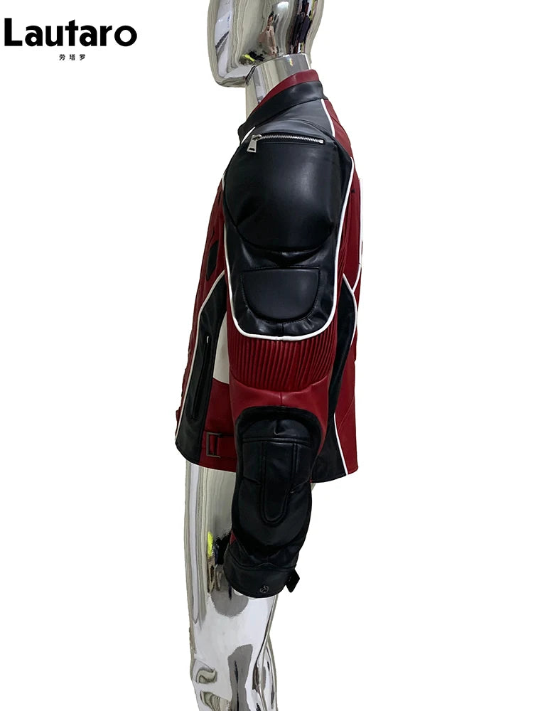 Mauroicardi Autumn Winter Cool Short Patchwork Pu Leather Racer Jacket Men Shoulder Pads Rivet Runway European Fashion Clothes