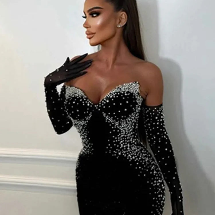 Sexy Strapless Backless Pearl Beading Black Long Bandage Women Celebrity Dress 2025 Elegant Party Evening Club Vestido Clothing