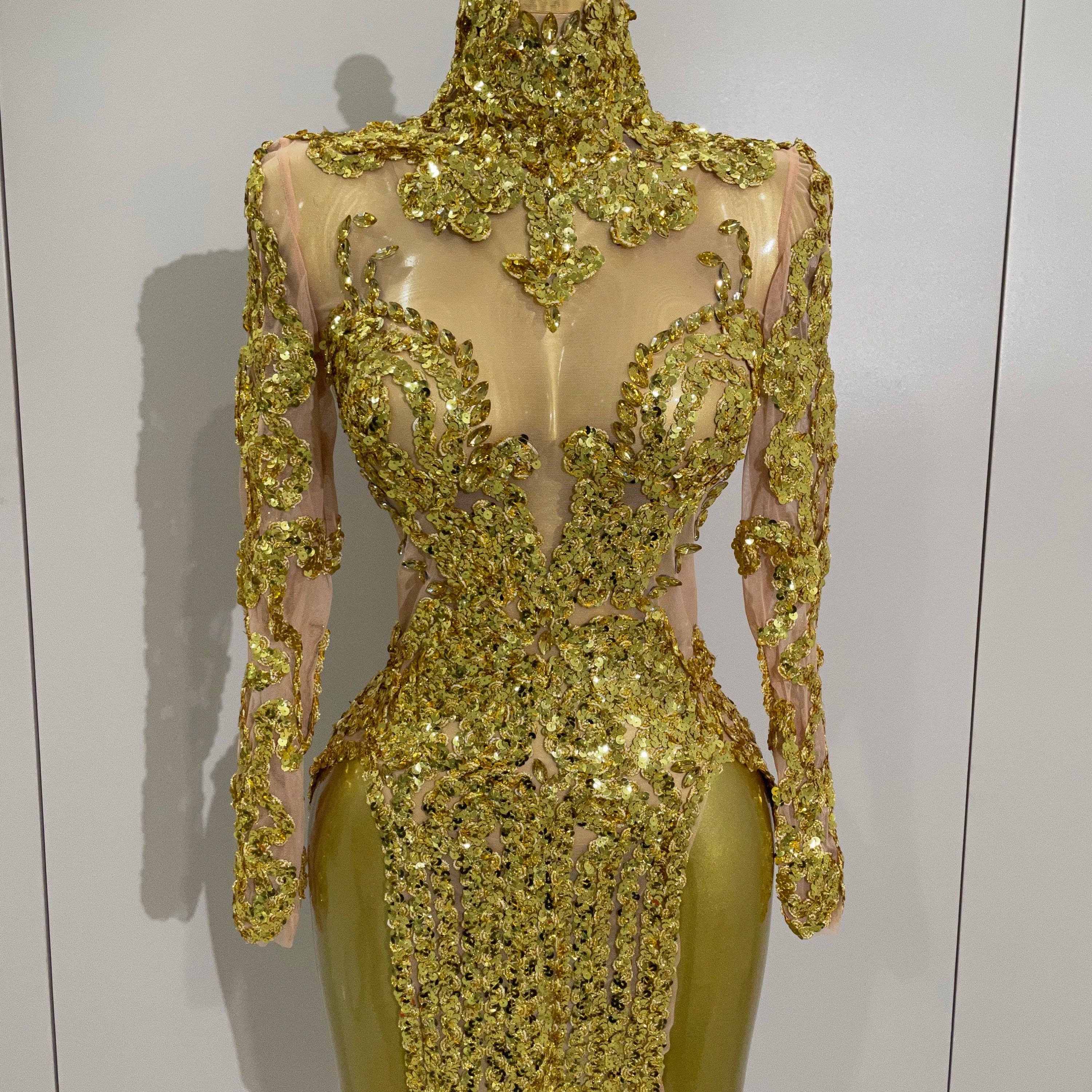 Luxury Sparkly Sequins Stretch Long Sleeve Mesh Mini Dress 2025 Women Birthday Party Nightclub Dancer Stage Performance Costume Gold