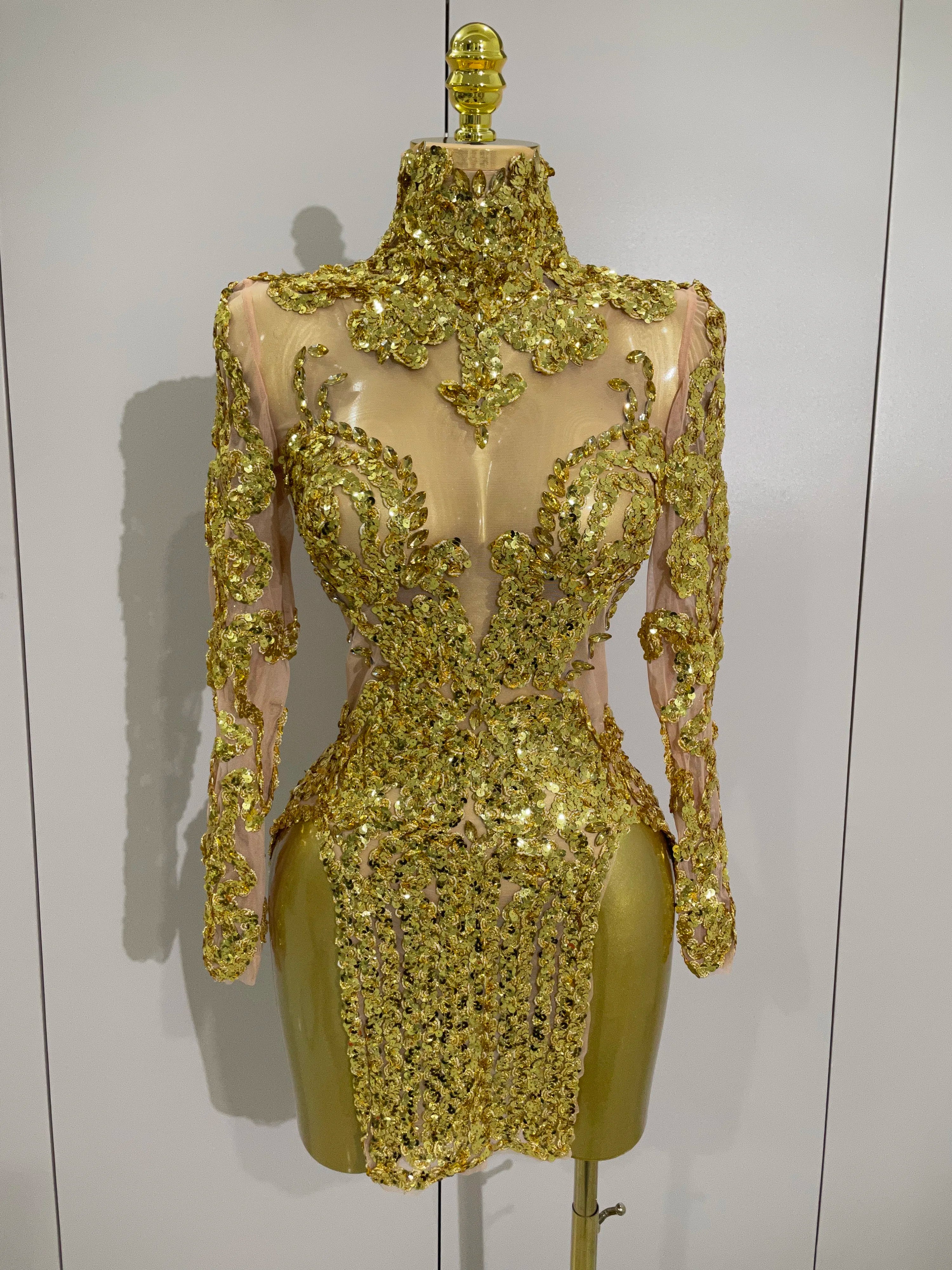 Luxury Sparkly Sequins Stretch Long Sleeve Mesh Mini Dress 2025 Women Birthday Party Nightclub Dancer Stage Performance Costume Gold