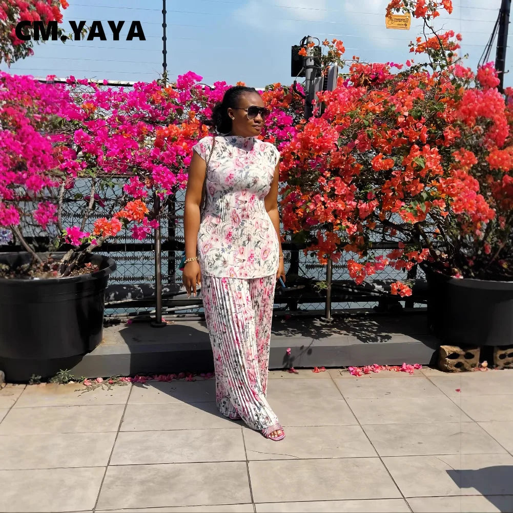 CM.YAYA Women Set Floral Print Short Sleeve Pleated T-Shirt + Wide Leg Pants 2025 Street Sexy Two 2Piece Sets Outfits Tracksuit