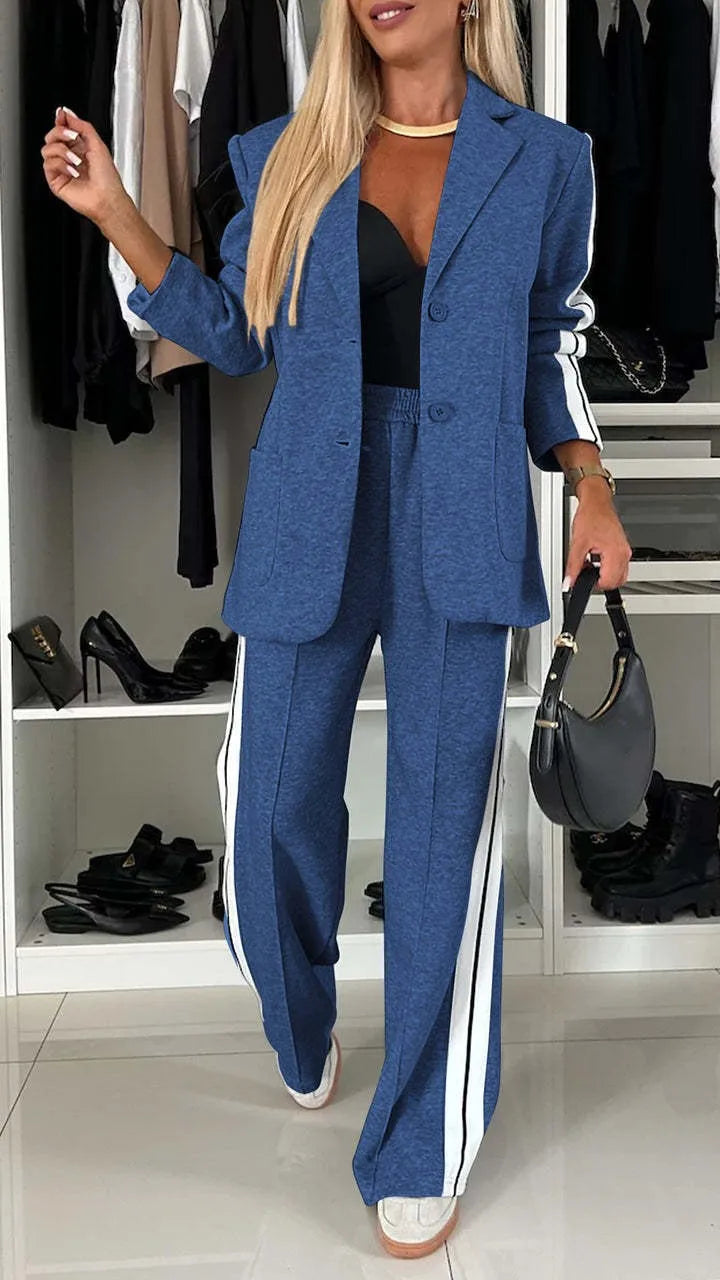 CM.YAYA Elegant Women Pants Suit and Long Sleeve Blazer Matching Set OL Streetwear Two 2 Piece Set 2024 Winter Ribbon Outfits Blue