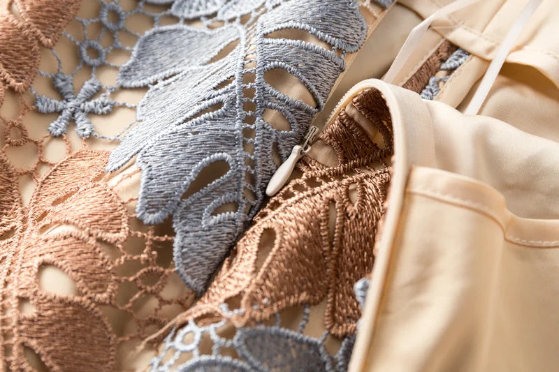 Women Brown Lace Midi Pencil Skirt Bi-material Skirt For Suits With Zipper Long Floral Fashion SKirts Jupe Femme Bi Matiere