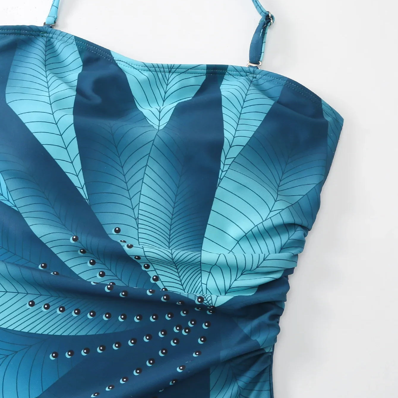 Elegant Blue Leaf Printed One Piece Swimsuit Woman Fashion High Waisted Hanging Neck Swimwear French Covered Belly Bikini