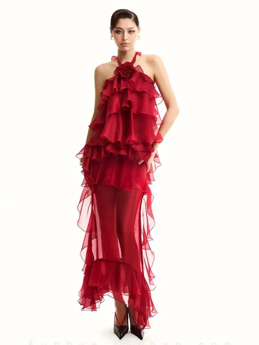 Women Gauze Perspective Irregular Elegant Long Party Dress New Ruffles Sleeveless Fashion Tide Summer 2025