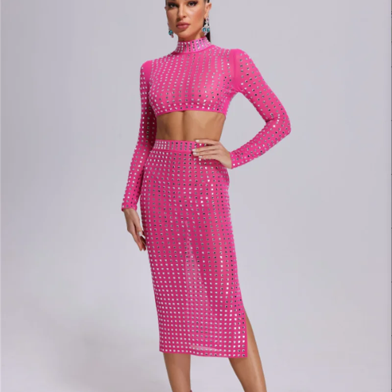 STOCK Sparkling square Diamonds Sexy Mesh See Through Top And Skirt Woman Fashion Set High Street Wear Evening Party Outfit