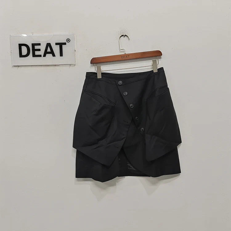 DEAT Fashion Women's Skirt Deconstruct Irregular Diagonal Buckle Pockets High Waist Mini Skirts Female Autumn New WU004 Black