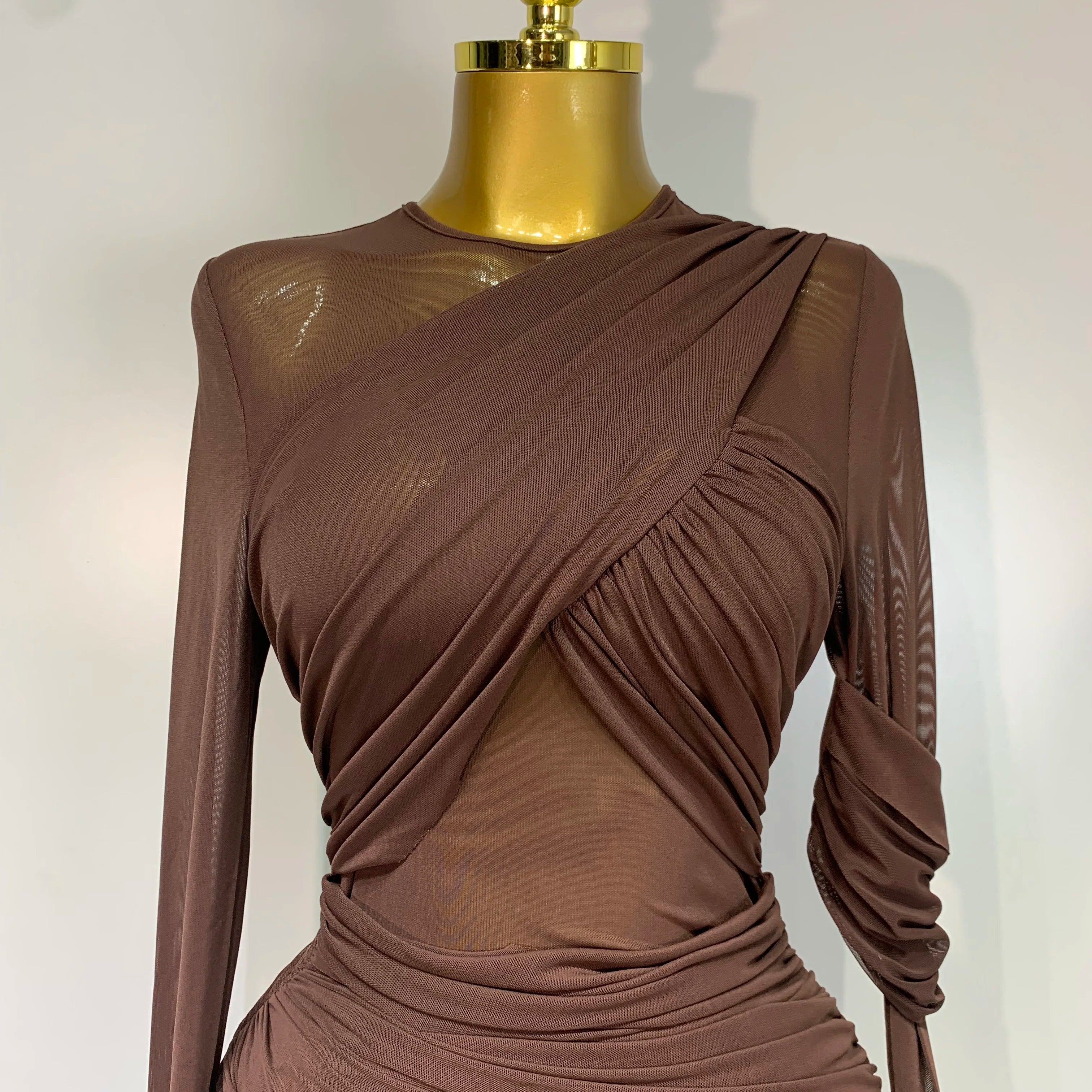 Elegant Brown Mesh Fold Long Sleeve Bodycon Dress Women 2025 Evening Party Club Sexy Perspective Fashion Luxury Birthday Dresses