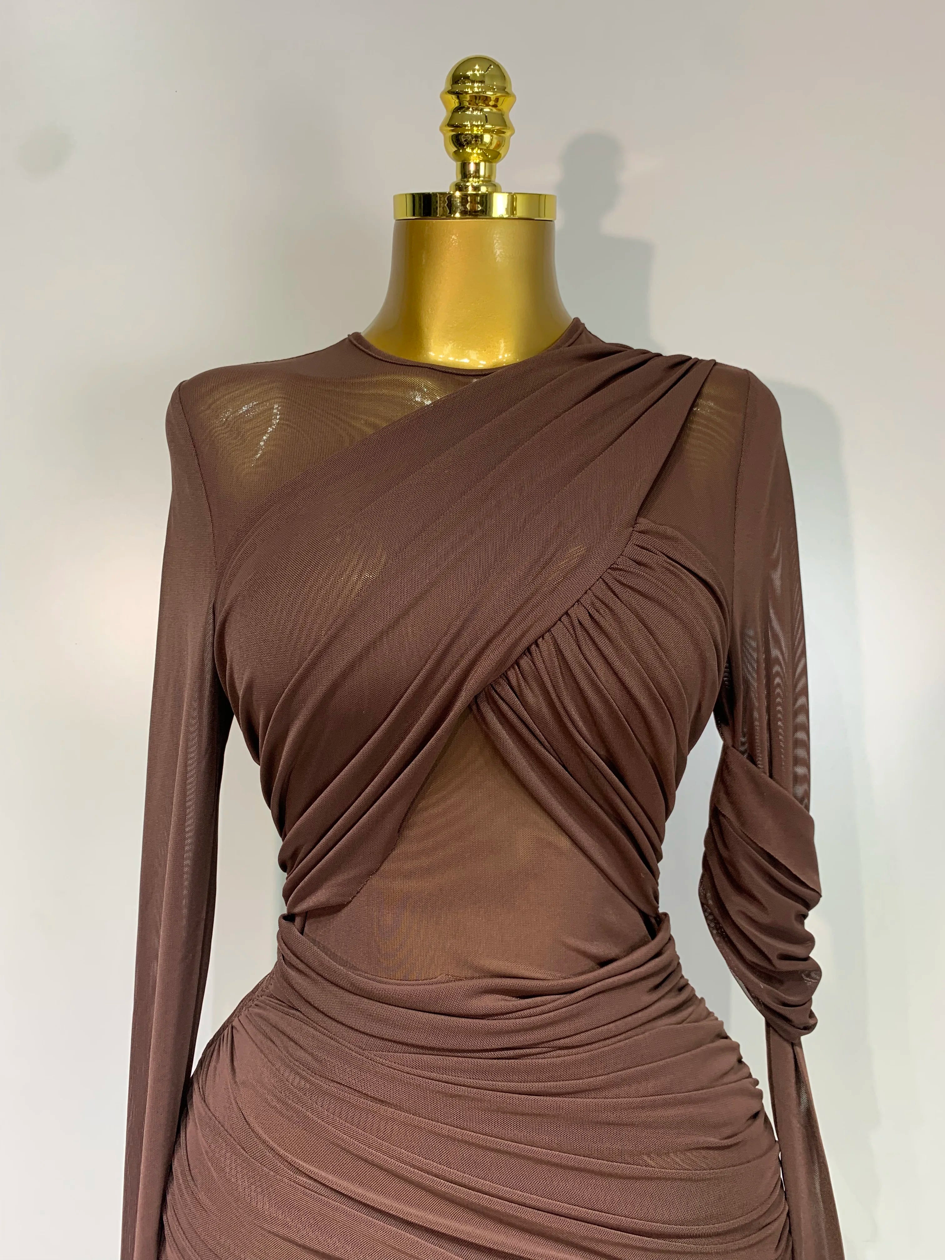 Elegant Brown Mesh Fold Long Sleeve Bodycon Dress Women 2025 Evening Party Club Sexy Perspective Fashion Luxury Birthday Dresses