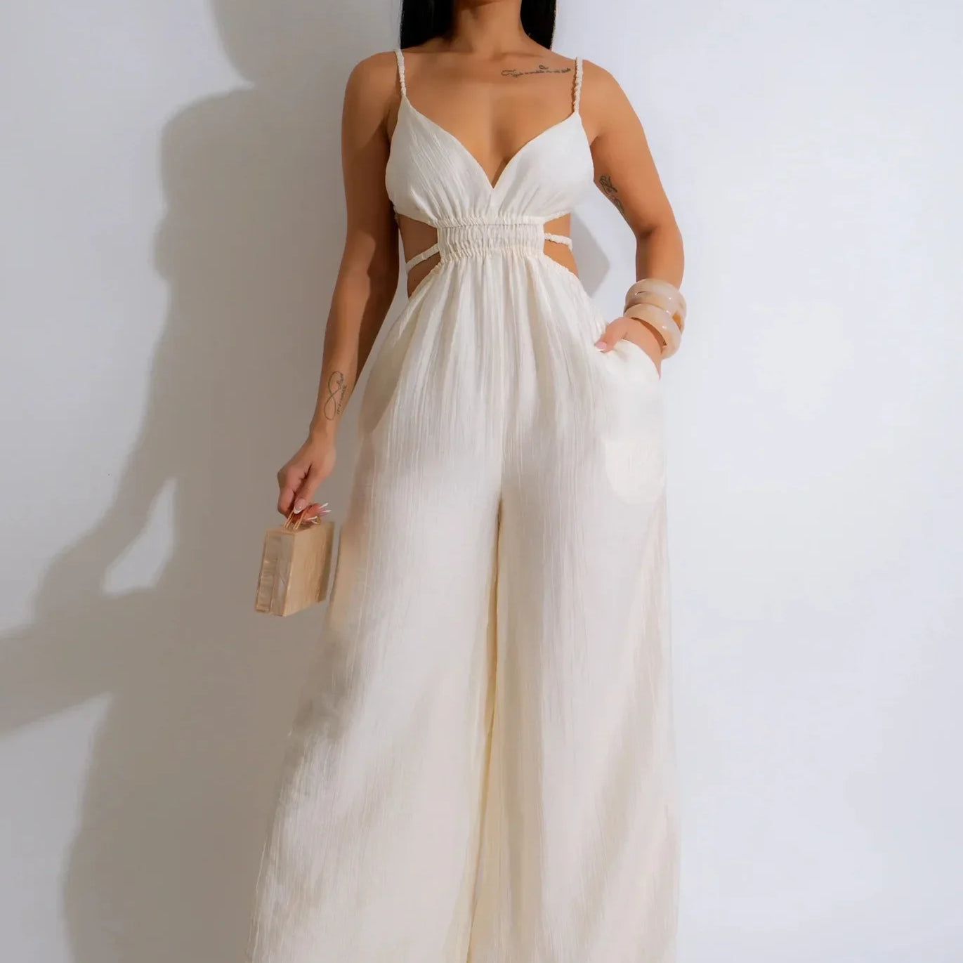 Women Sleeveless Strap V-neck Backless Wide Leg Long Jumpsuits 2025 Summer Beach Night Club Street Sexy Outfit Rompers White