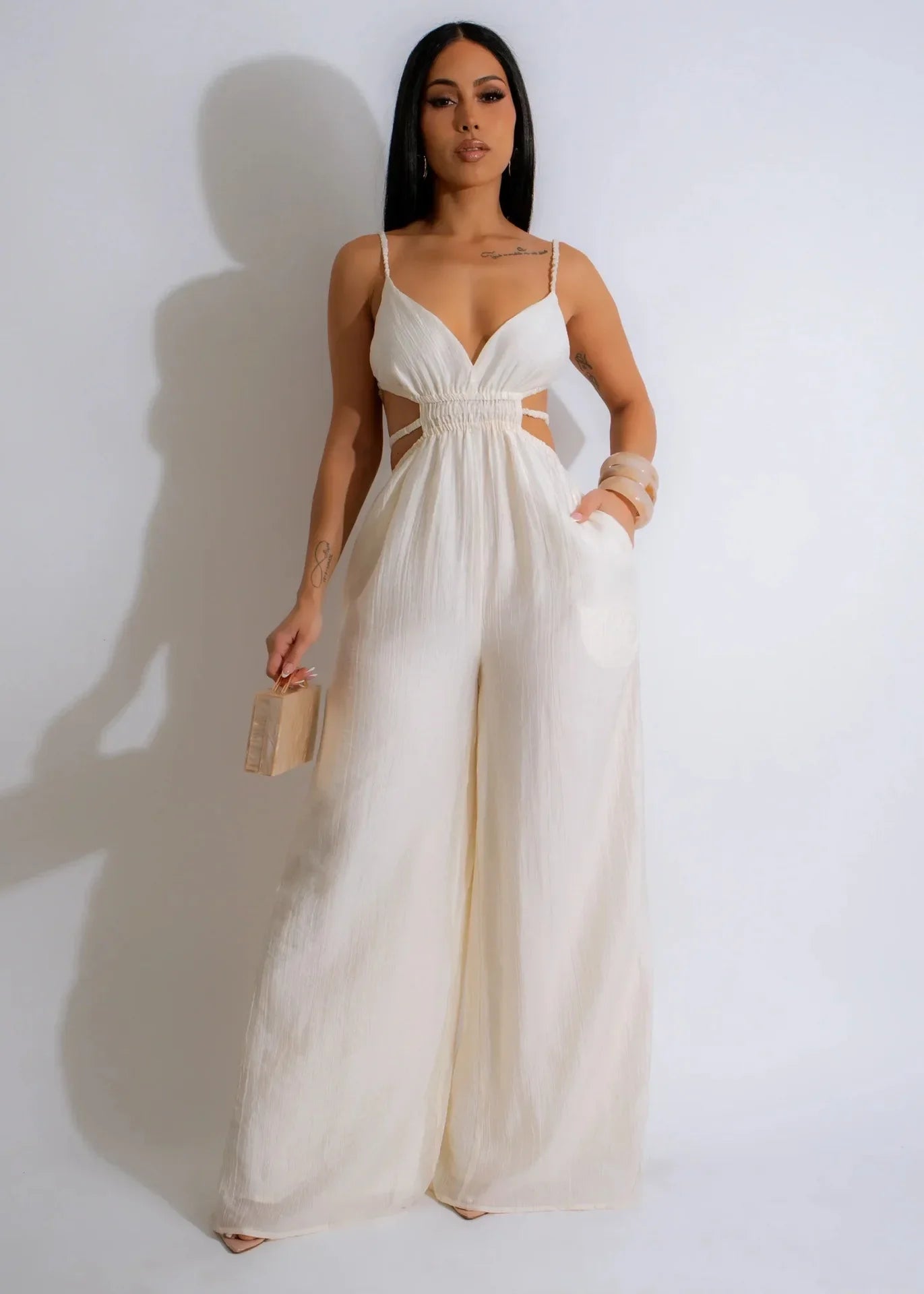 Women Sleeveless Strap V-neck Backless Wide Leg Long Jumpsuits 2025 Summer Beach Night Club Street Sexy Outfit Rompers White