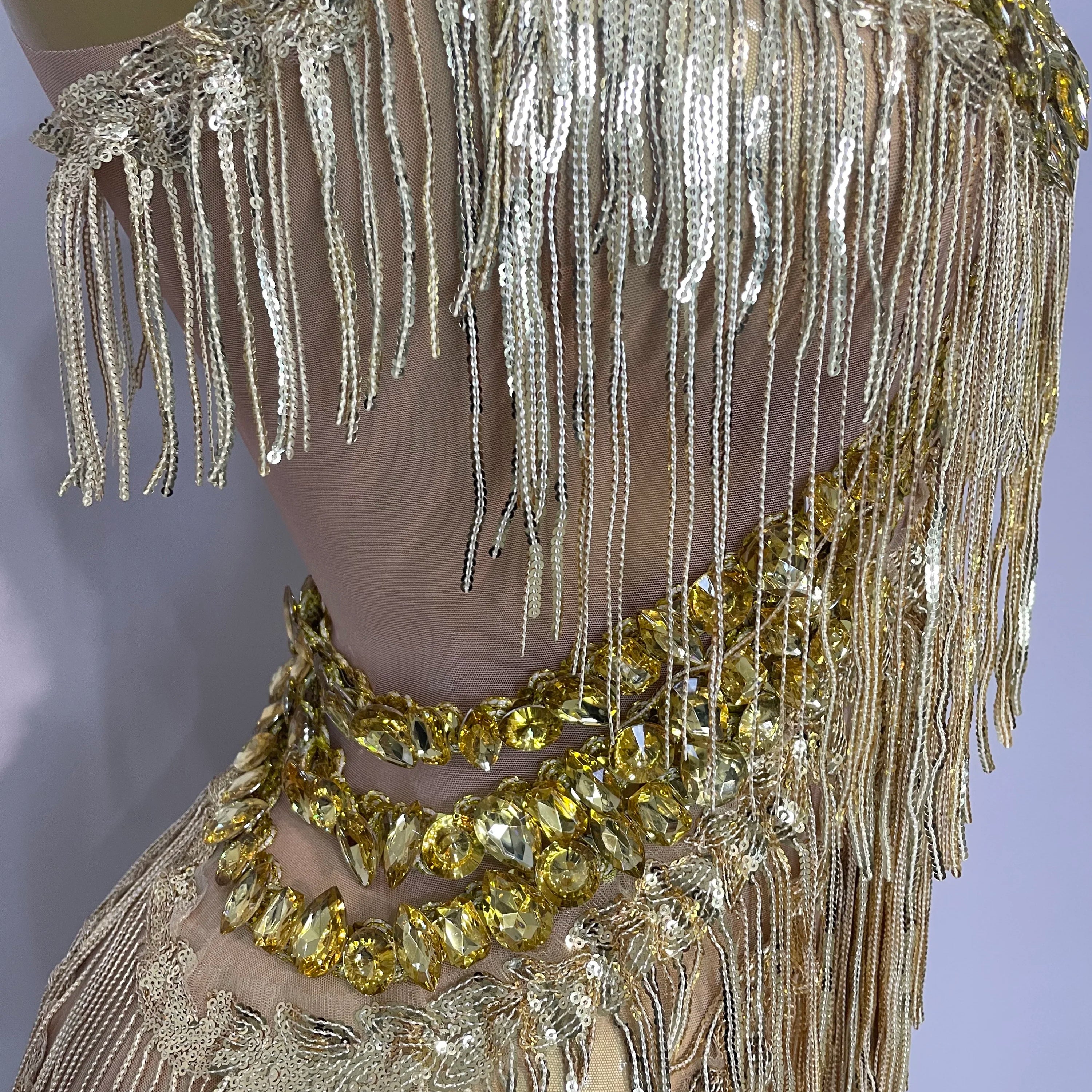 Shiny Gold Rhinestones Sequined Fringe Wide-leg jumpsuit 2025 Women Sexy Night Party Club Outfit Singer Stage Perform Costume