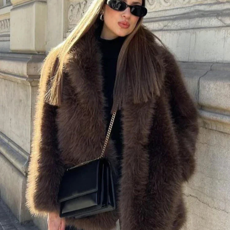 Luxury Brown Women Faux Fur Jacket Oversized Lapel Long Sleeve Warm Fluffy Coats Winter Female Loose Streetwear Outwears