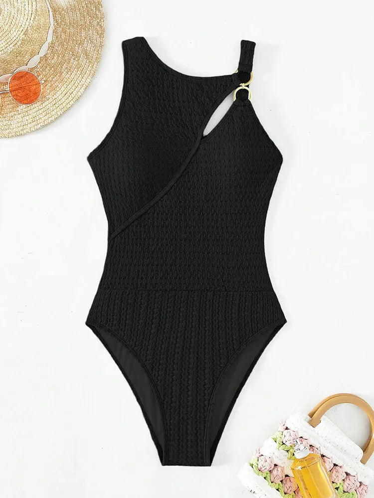 VigoCasey Solid Ring Patchwork Swimwear Women Sexy Hollow Push UP One Piece Swimsuit Monokini Summer Beach Bathing Suit black