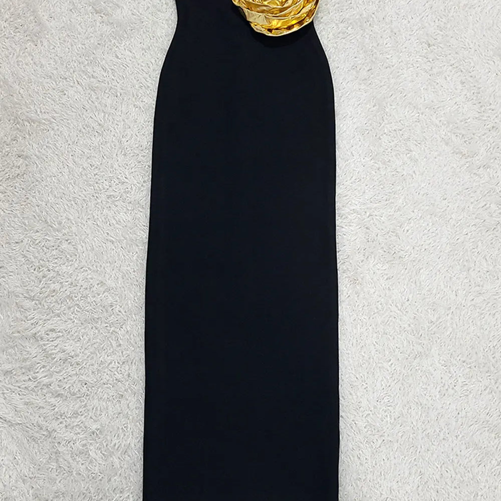 2025 Sexy Women's 3D Flower Decorative Bandage Dress Strapless Sleeveless Bodycon Off Back Long Dresses Evening Party Vestidos black