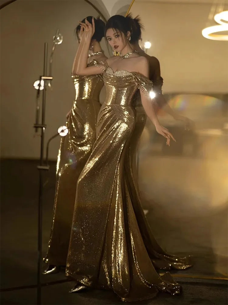 Lautaro Spring Praty Birthday Evening Dresses Woman Off Shoulder Backless Elegant Luxury Prom Floor Length Gold Sequin Dress