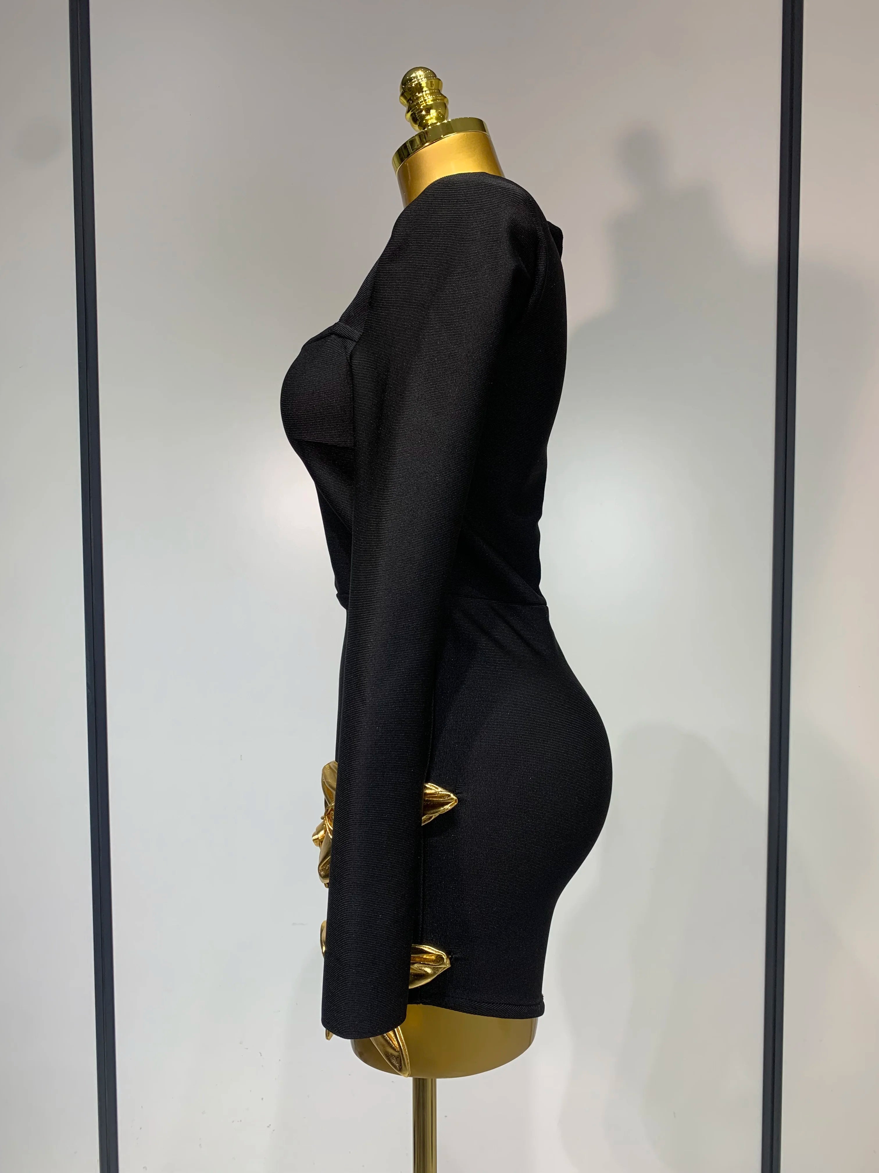 Women Long Sleeve Sexy Square Collar Gold Flower Bodycon Mini Bandage Dress Celebirty Elegant Nightclub Luxury Birthday Dresses