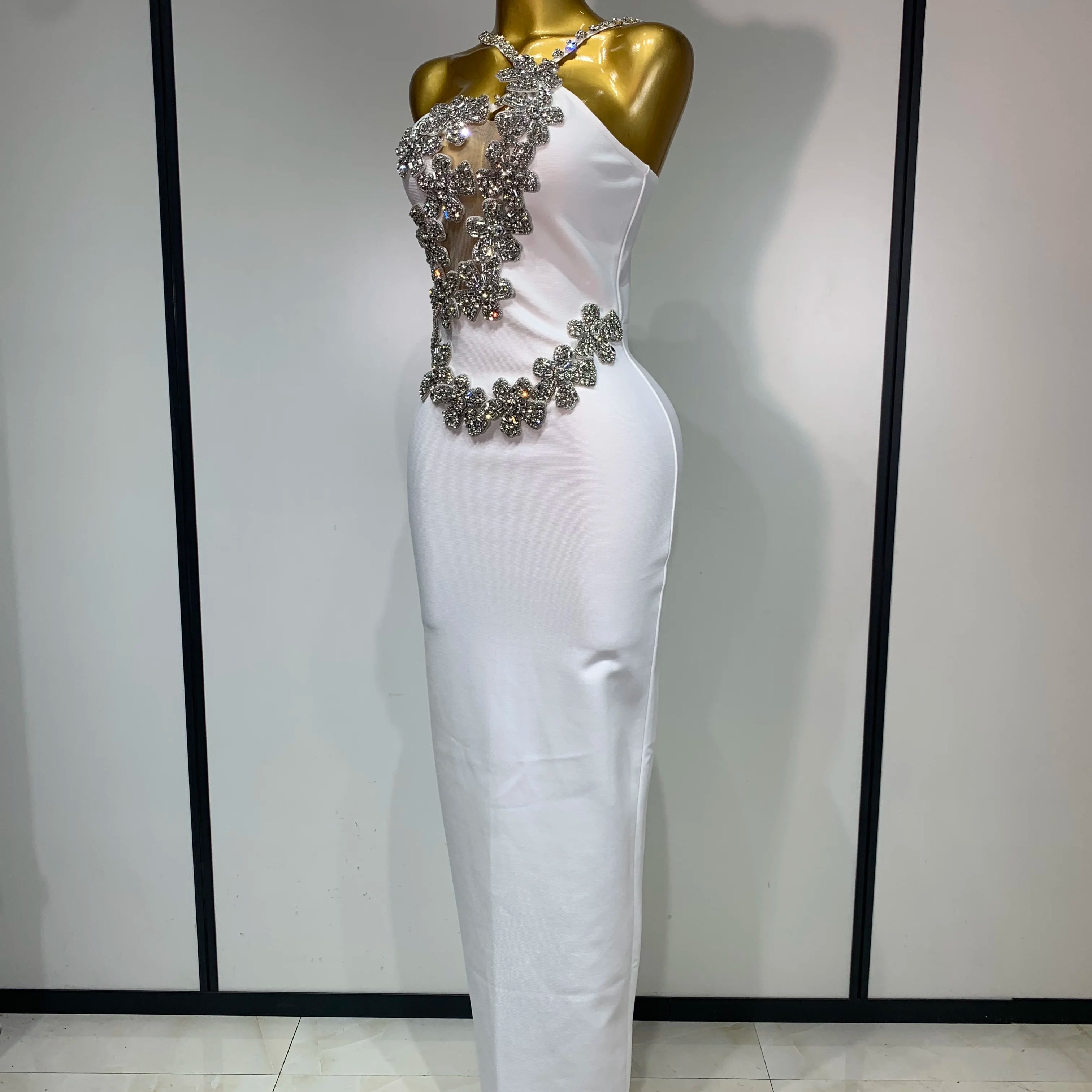 Women Sexy Shining Beading White Maxi Long Bodycon Bandage Dresses Celebrity Birthday Evening Party Elegant Knitted Clothing