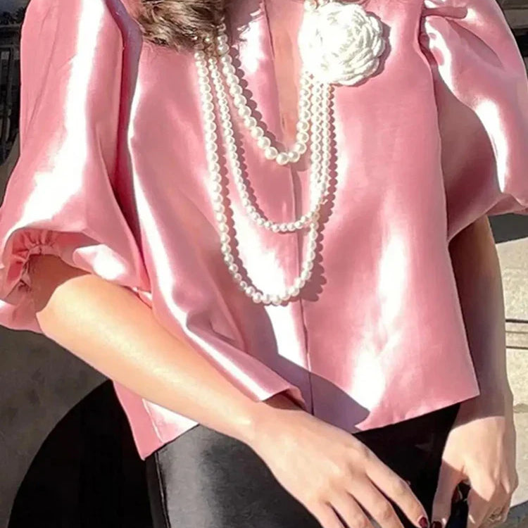 Satin Elegant Shirts Women White Lantern Short Sleeve O-neck Loose Female Blouses Spring Summer Lady Tops Chic Streetwear