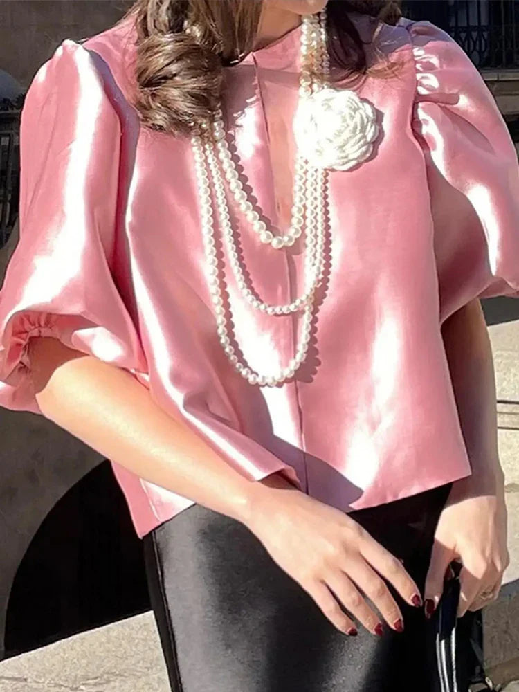 Satin Elegant Shirts Women White Lantern Short Sleeve O-neck Loose Female Blouses Spring Summer Lady Tops Chic Streetwear