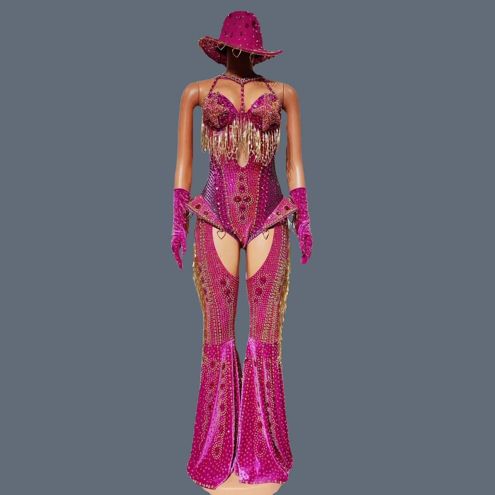 Women Sparkly Rhinestone Bodysuit 4Pieces Set Night Party Cowboy Show Outfit Cabaret Carnival Showgirl Sexy Jumpsuit Hongding rose jumpsuit set