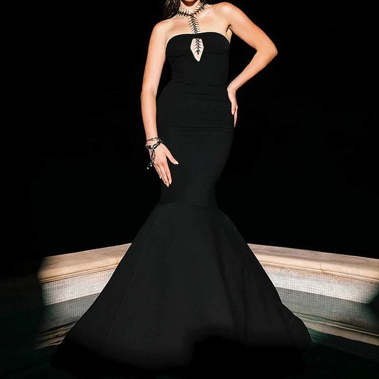 Black Sleeveless Mermaid Bandage Long Dress Sexy Key Hole Open Back Floor Length Court Train Gown Evening Party Wear
