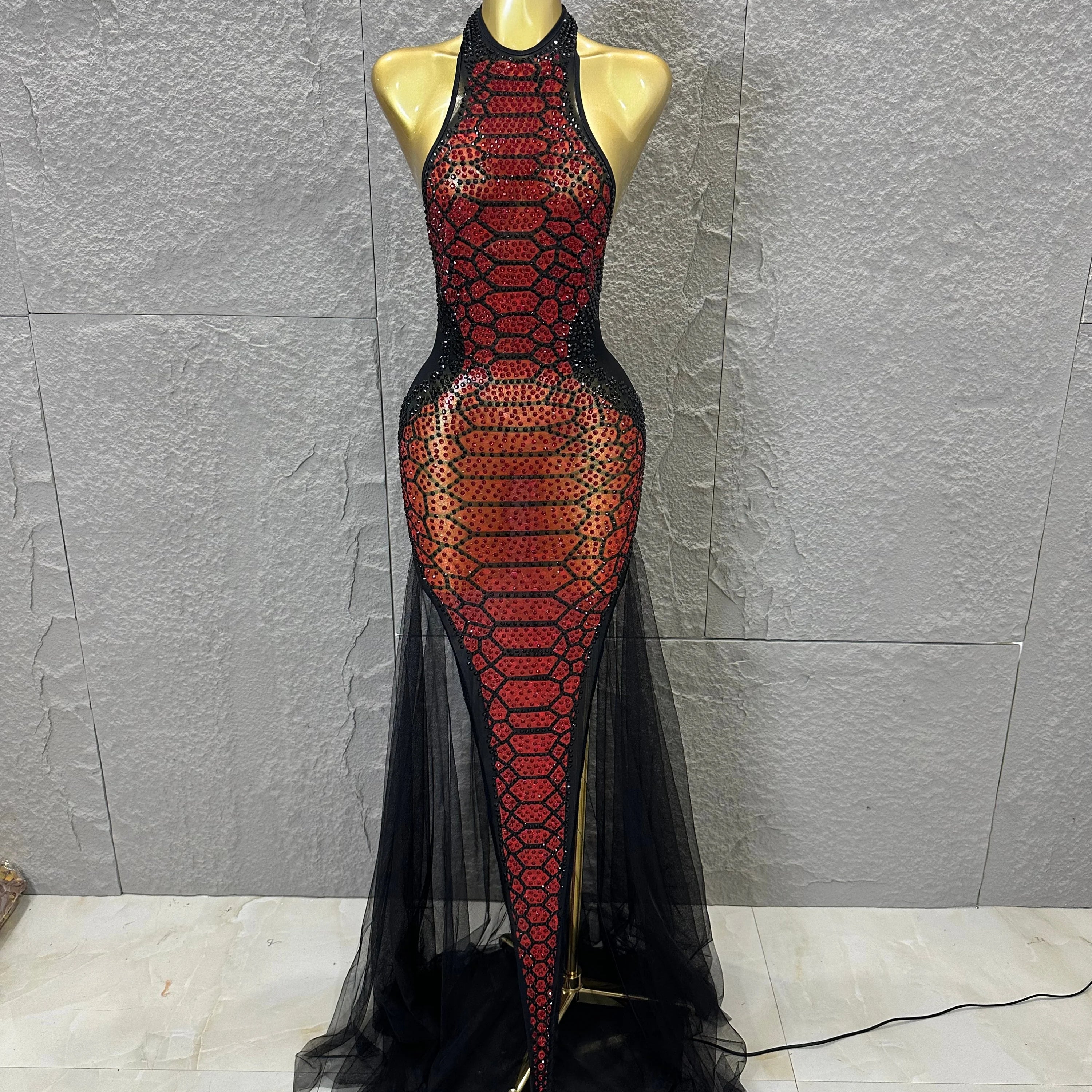 Luxurious Rhinestone Opulent Maxi Dress Women Halter Neck Sheer Mesh Black Red Crystal Embellished Stage Gown black