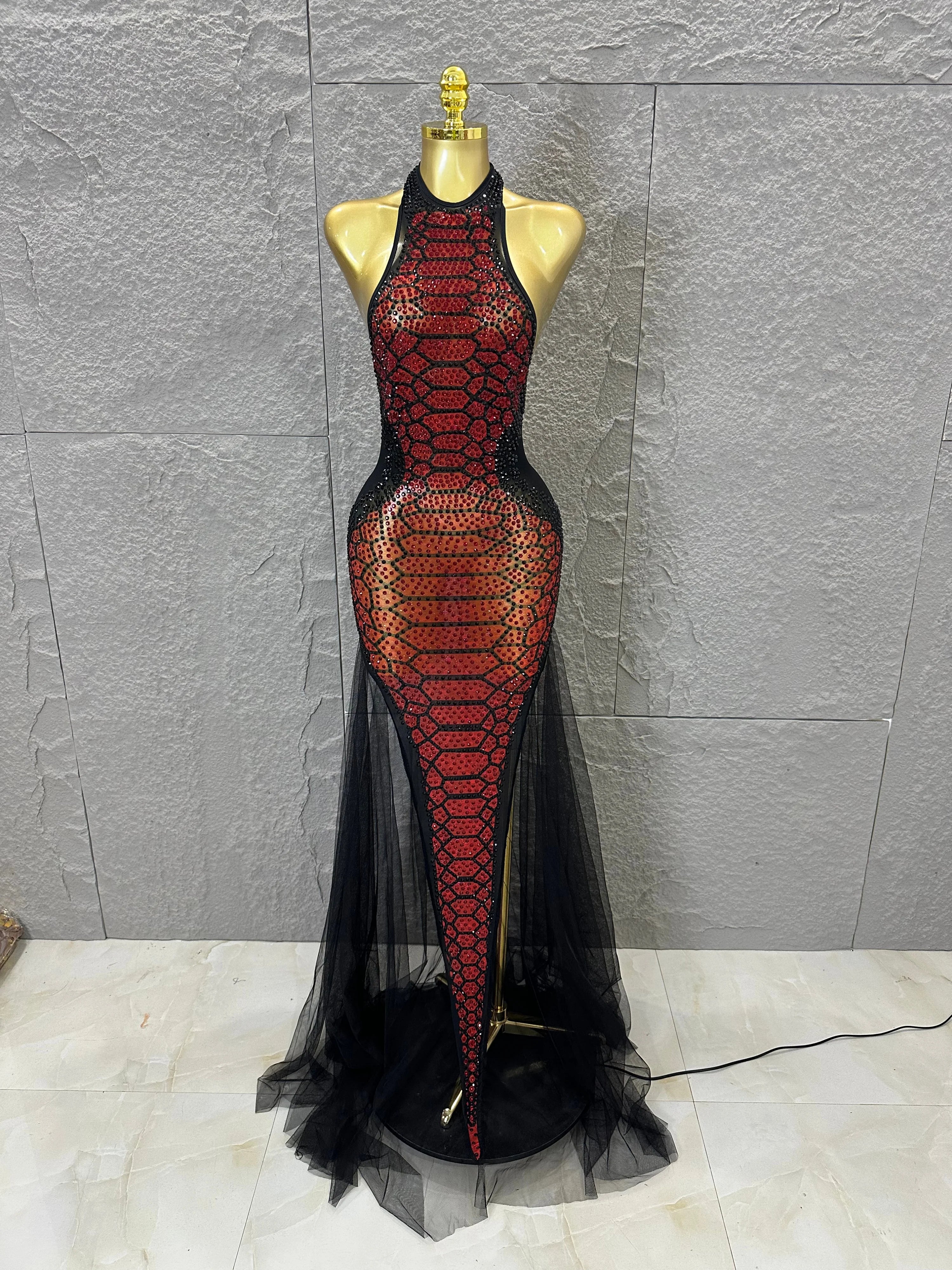 Luxurious Rhinestone Opulent Maxi Dress Women Halter Neck Sheer Mesh Black Red Crystal Embellished Stage Gown black