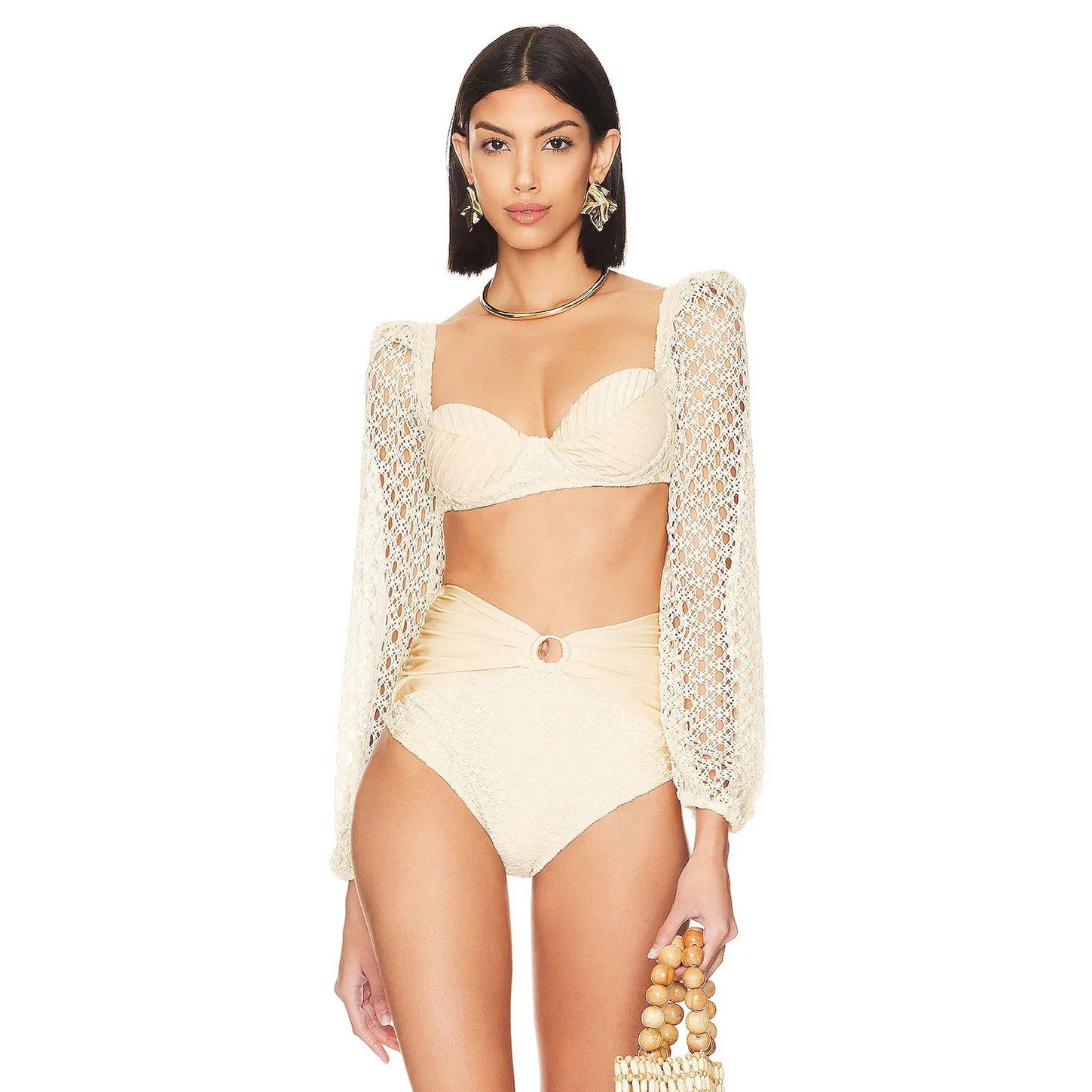 Knit Mesh Crochet Long Sleeve Bikini Sets Cut Out Stretch Swimsuit Cover Up Luxury Swimwear Women's Beach Outfits Beachwear 2024 only bikini