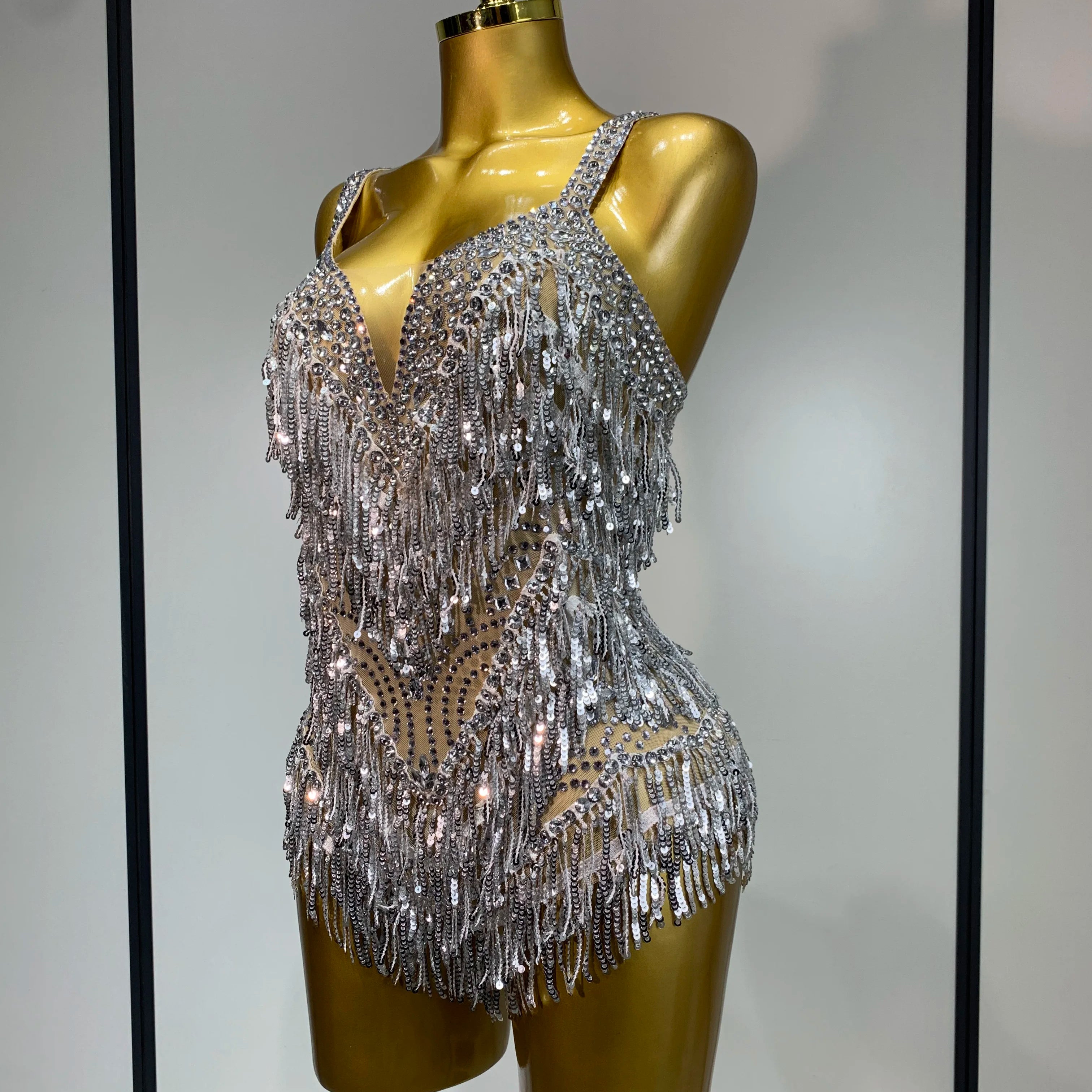 Sparkly Rhinestone Tassel Sexy Backless Mesh Bodysuit Women Luxury Birthday Party Nightclub Bar Dencer Stage performance Costume