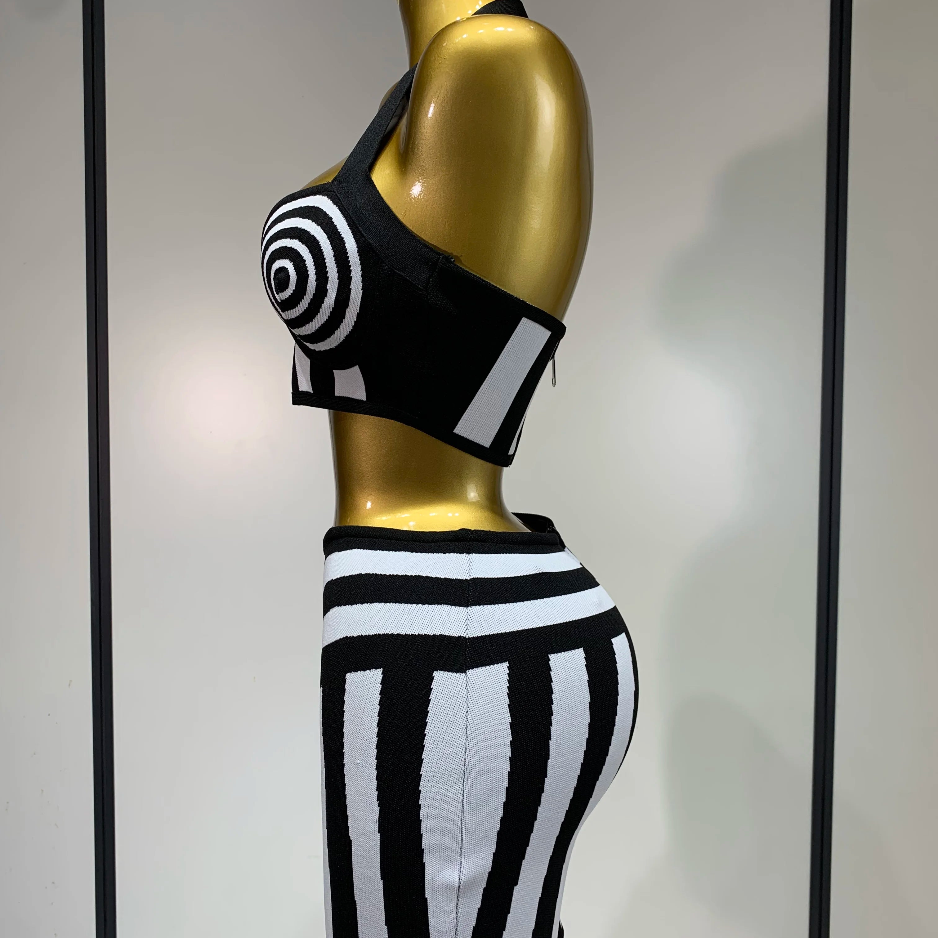 Women Sexy Backless Halter Striped Bandage Skirt Two Piece Set 2025 Knitted Celebrity Elegant Evening Birthday Party Dresses