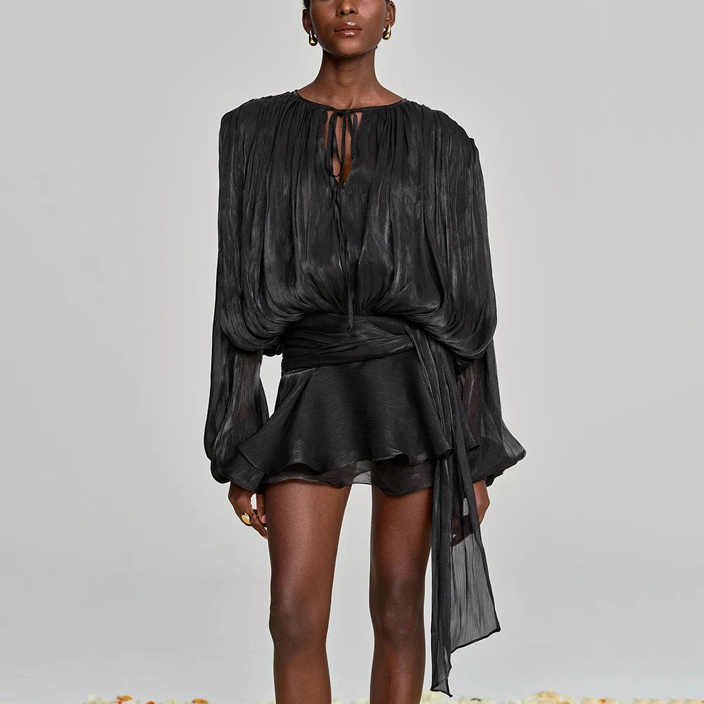 Solid Loose Spliced Lace Up Elegant Dresses for Women Round Neck Long Sleeves Patchwork Folds Dress Female Style BLACK