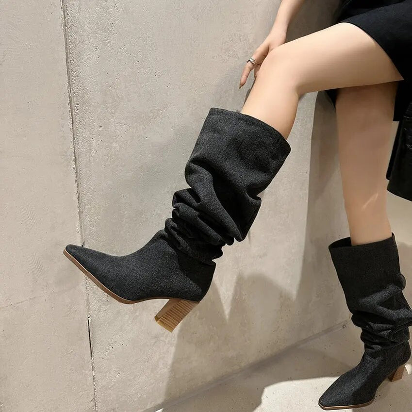 QUTAA 2024 Autumn Winter New Women Knee High Boots Thick High Heels Elegant Office Lady High Boots Shoes Woman Size 34-39