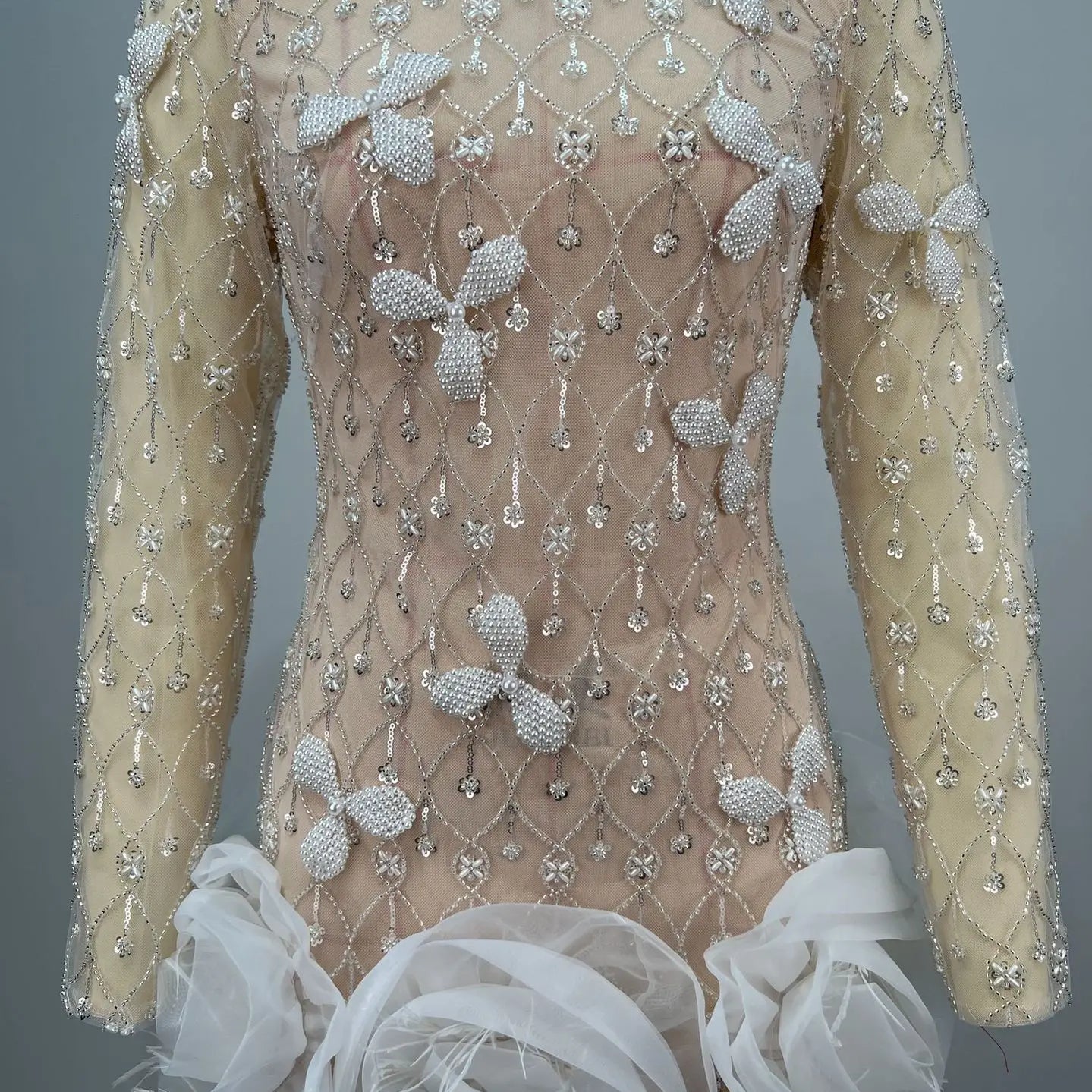 Luxury Exquisite Beading White Flowers Sexy See Through Mini Evening Dress Woman Birthday Party Dress Performances Costume