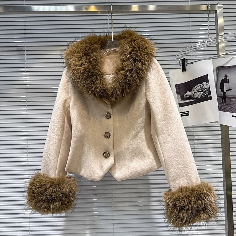 Winter New Fashion Elegant Style Fur Collar Quilted Jacket For Women Tweed A-line Short Skirt Female Trend 11A07592 only Jacket