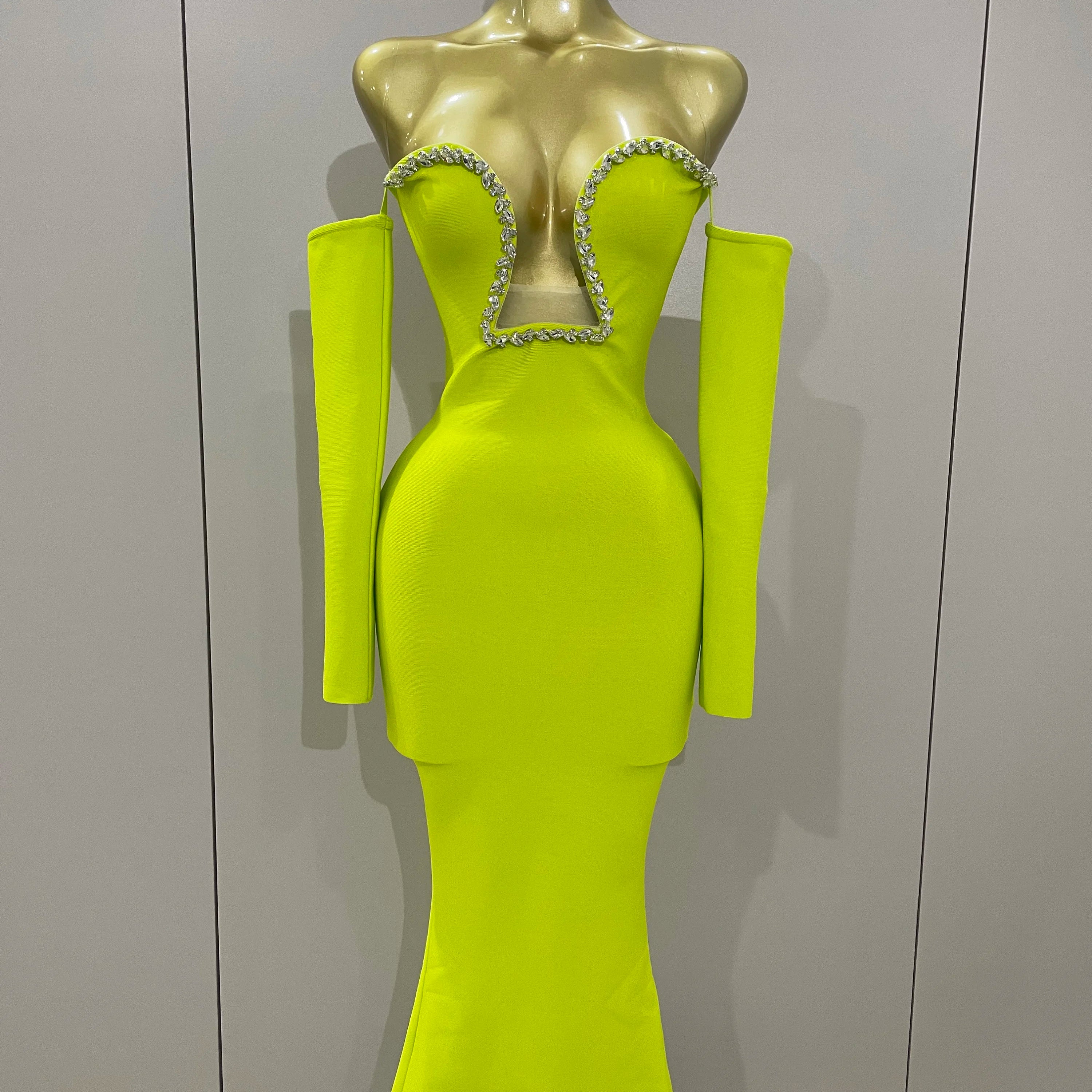 Sexy Off Shoulder Luxury Diamonds Long Bodycon Bandage Dress 2025Women Celebrity Elegant Prom Gown Birthday Club Cocktail Dress Fluorescent Green