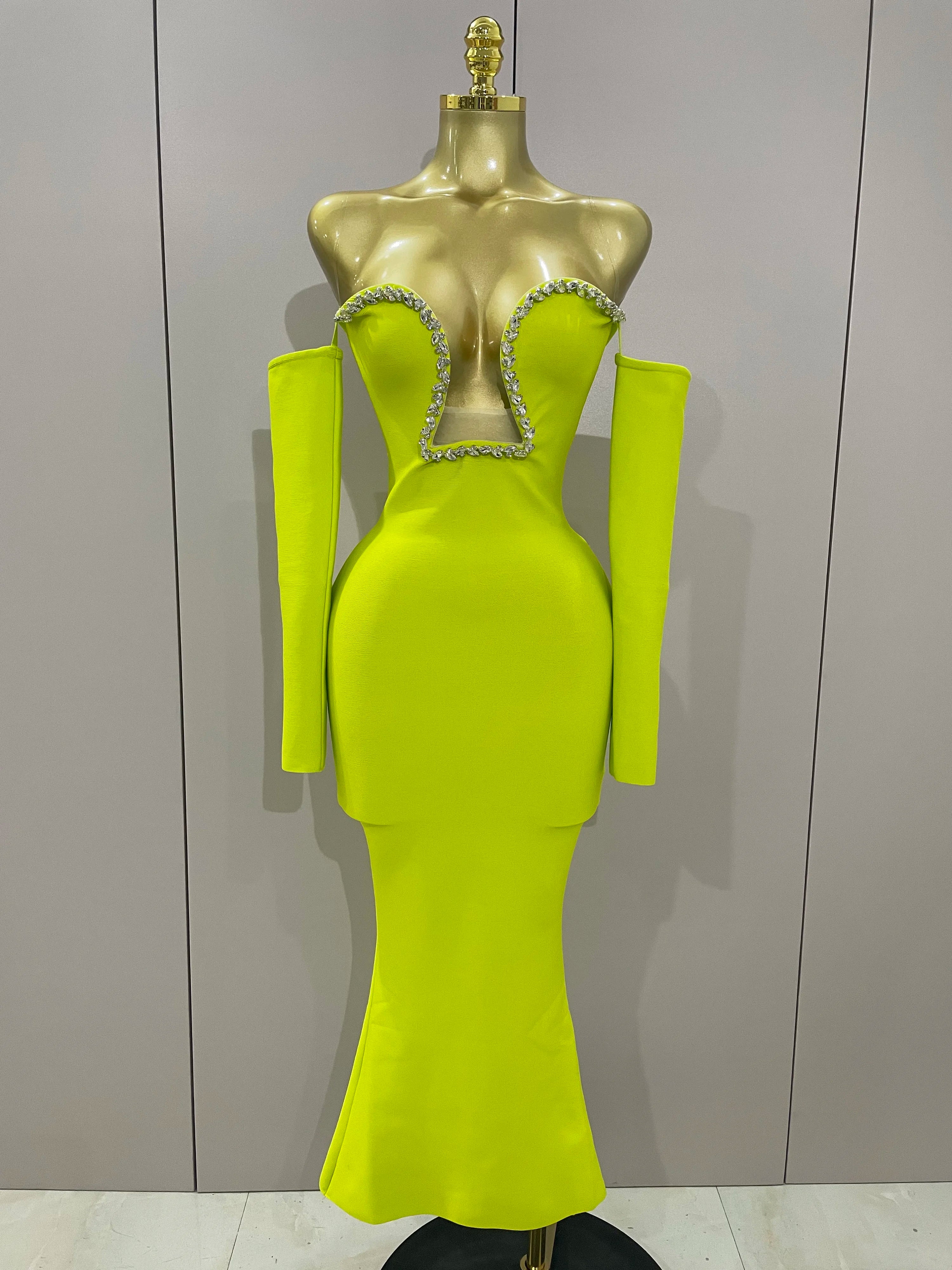 Sexy Off Shoulder Luxury Diamonds Long Bodycon Bandage Dress 2025Women Celebrity Elegant Prom Gown Birthday Club Cocktail Dress Fluorescent Green
