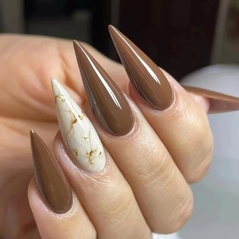 24Pcs Mid-length Stiletto Nails Art with Glue Wearable Almond Press on False Nails Black Cat's Eye Design Manicure Fake Nail 1624