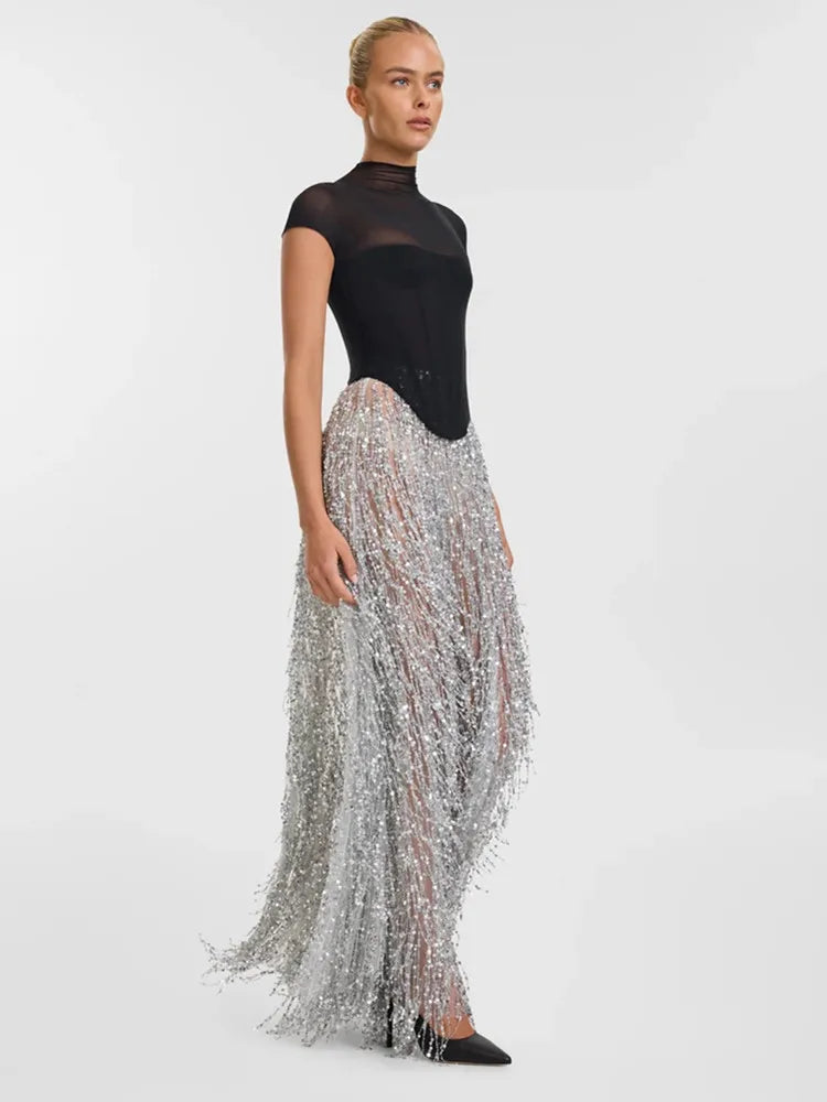 Women Celebrity Sexy Short Sleeve Mesh Sequins Silver Maxi Long Bodycon Skirt Set 2025 Elegant Evening Club Party Outfits