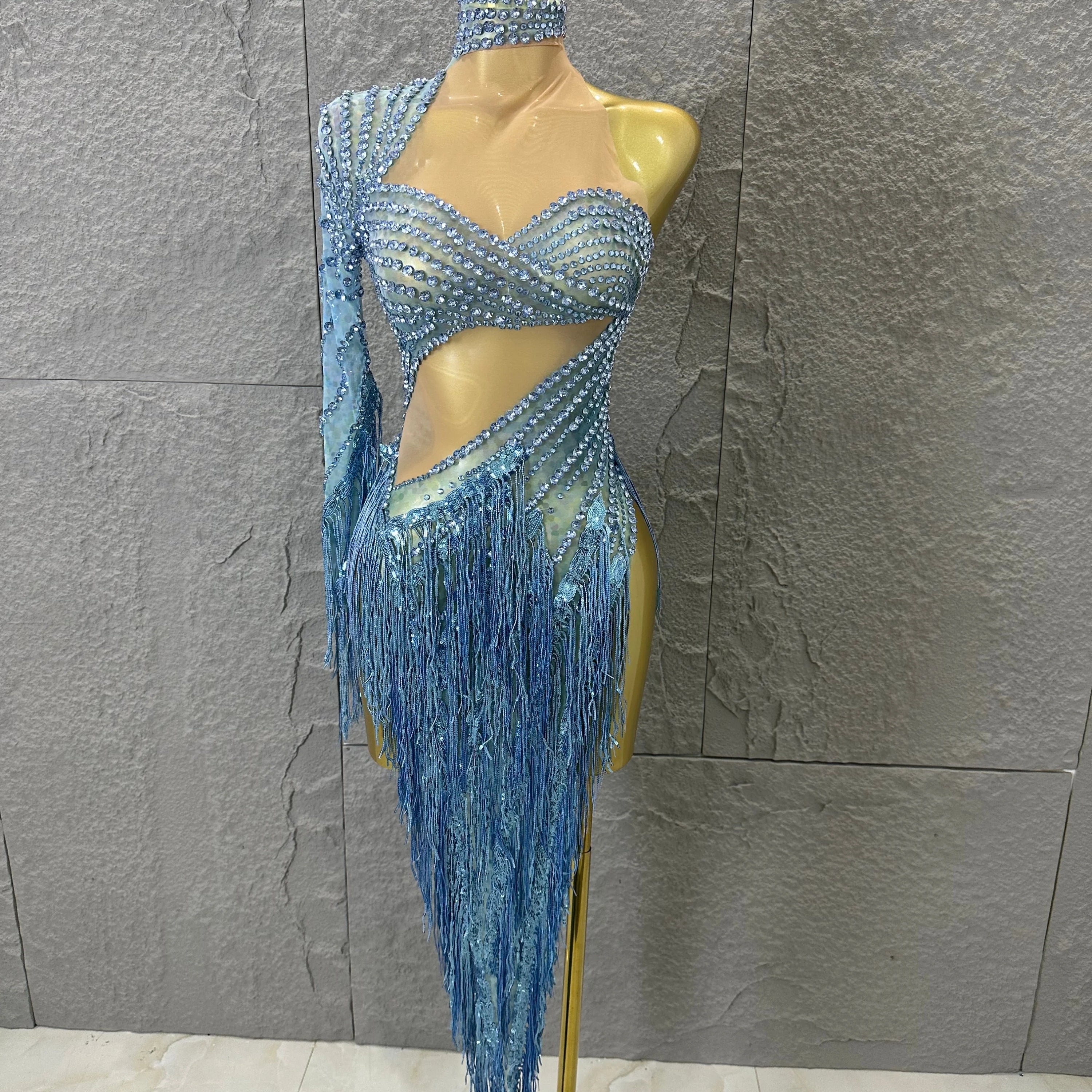Glamorous Sky Blue One Shoulder Crystal Beaded Asymmetrical Tassel Dress Evening Birthday Nightclub Dance Banquet Outfit Blue
