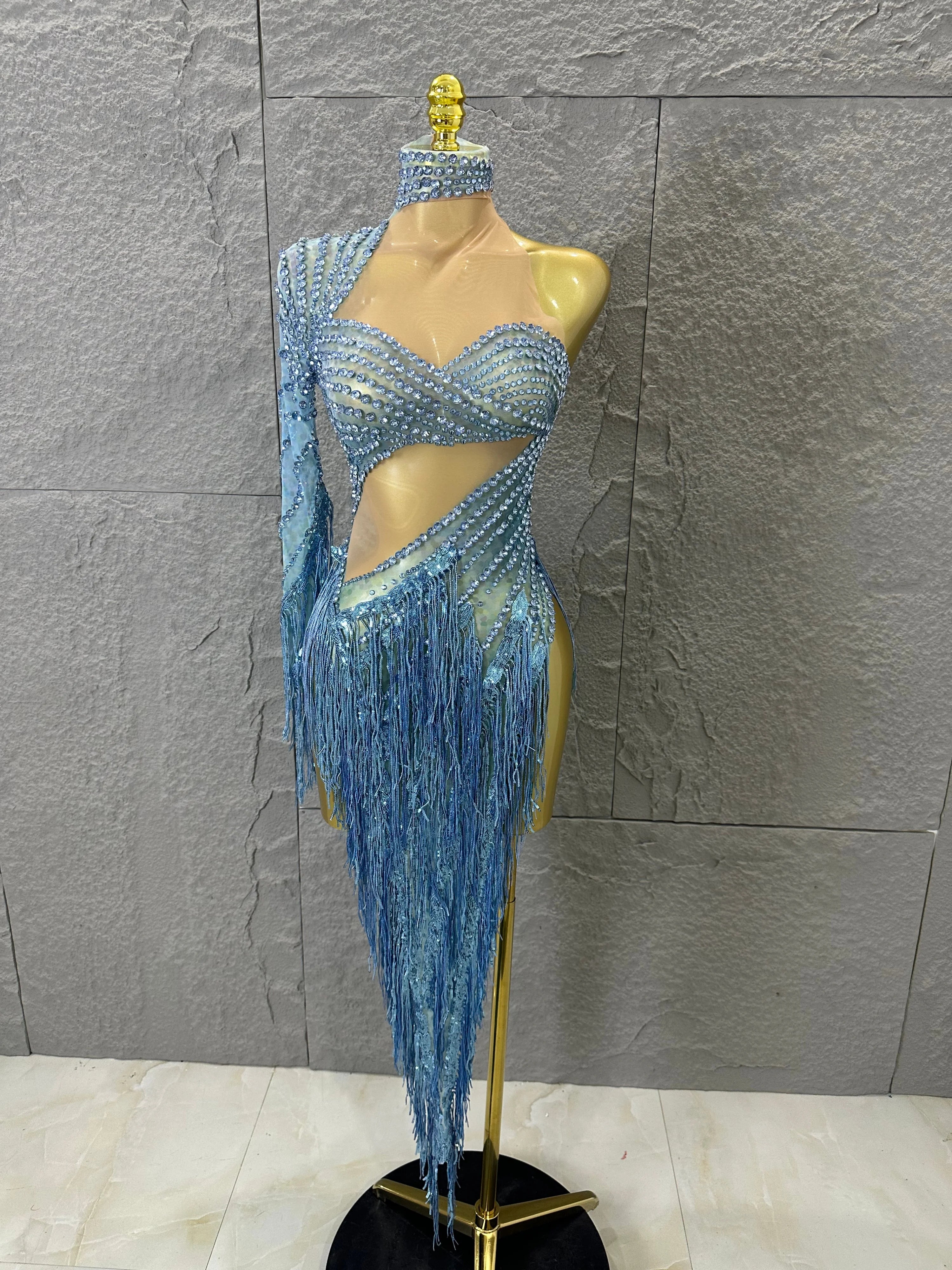 Glamorous Sky Blue One Shoulder Crystal Beaded Asymmetrical Tassel Dress Evening Birthday Nightclub Dance Banquet Outfit