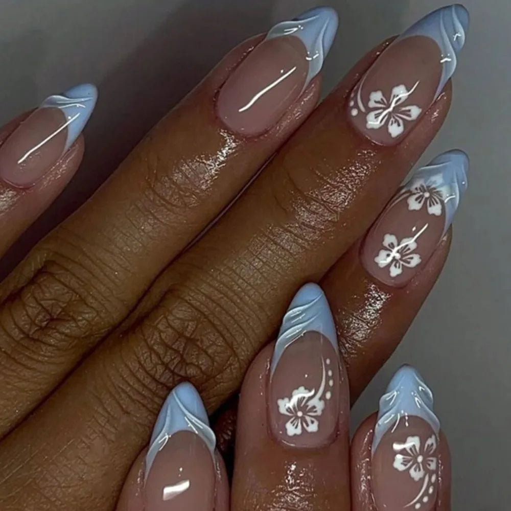 24Pcs Purple French press on nails with 3D broken diamond wearable mid-length almond fake nail tips round head false nails 327