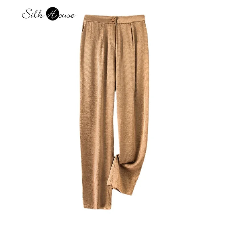 Women's Fashion Spring New 93%Natural Mulberry Silk Elastic Pearl Satin Straight Leg Casual Ankle-Length Versatile Pants