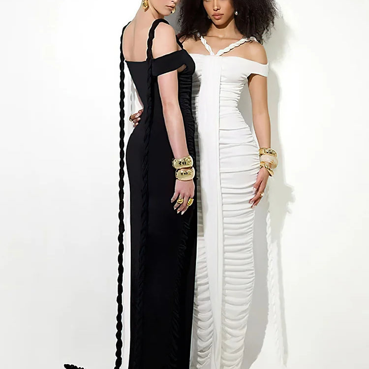 VC Braid Ribbon Ruched Bodycon Maxi Dress Women Off Shoulder Short Sleeves Slim Solid Evening Party Long Robe Gowns