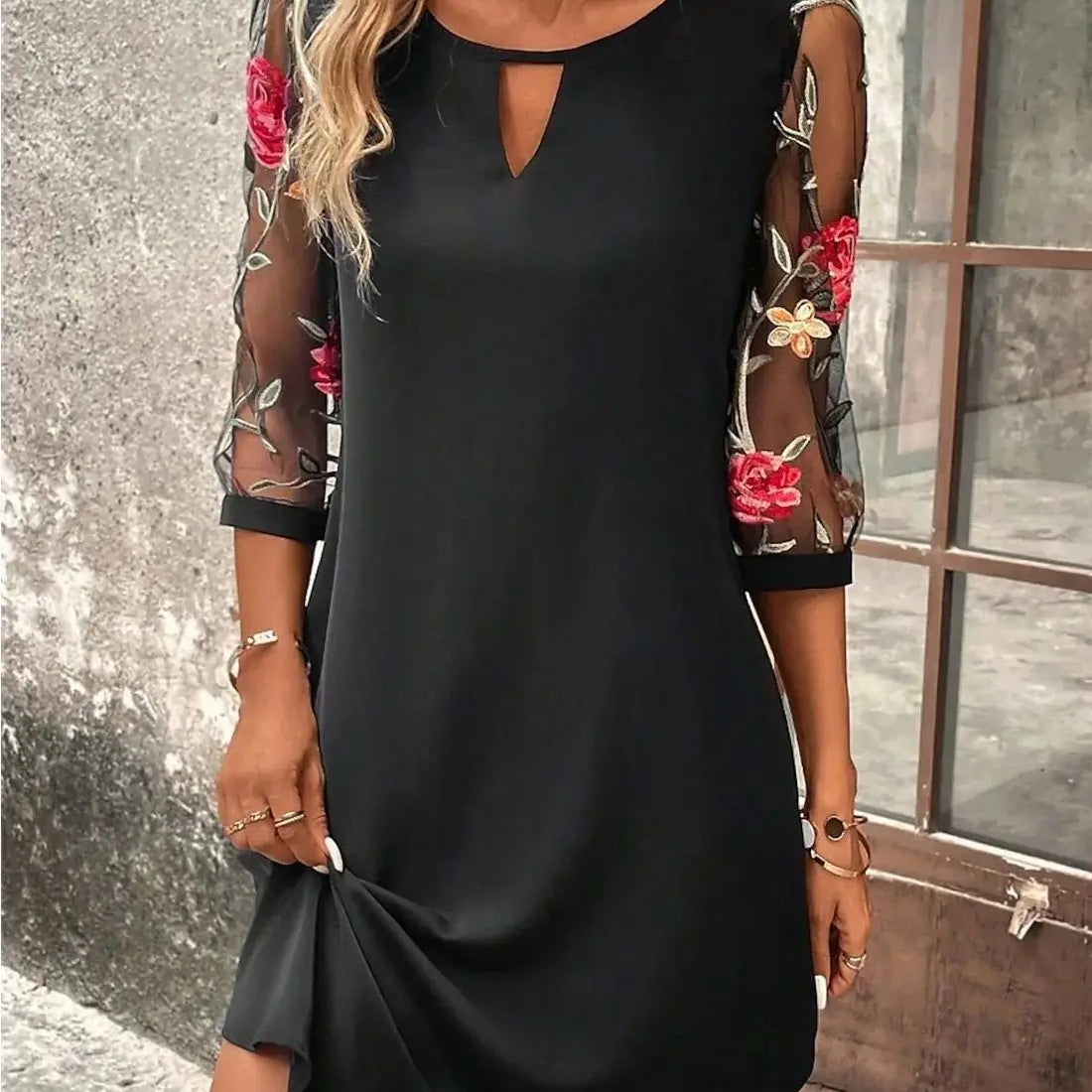 Luxury Dress Women's Perspective Mid Sleeve Printed Round Neck Mini Skirt Summer Party Dress black