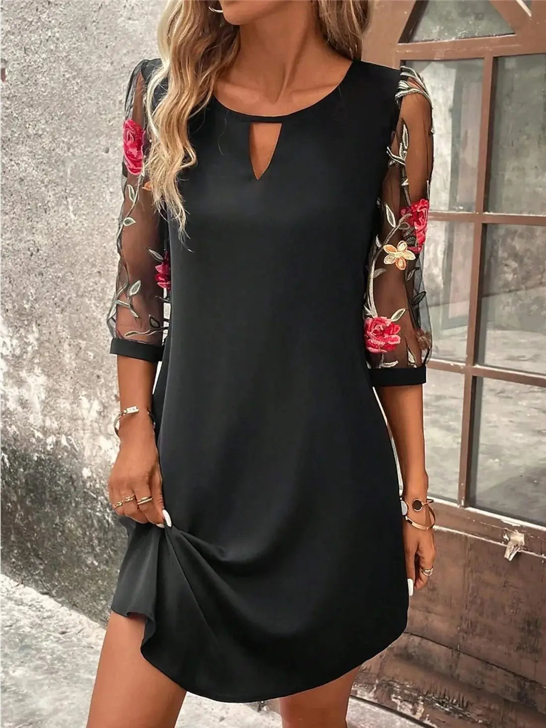 Luxury Dress Women's Perspective Mid Sleeve Printed Round Neck Mini Skirt Summer Party Dress black