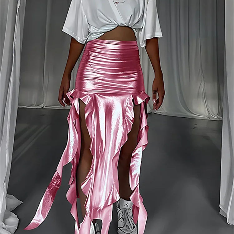 Tossy Tassel Summer Female Long Skirt Ruffled High Waist Broken High Split Fashion Pleated Sexy Solid Patchwork Maxi Skirt 2023 Rose Red